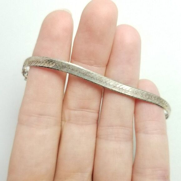 Vintage Sterling Silver Flat Herringbone Chain Bracelet, 925 Made in Italy - Picture 8 of 8